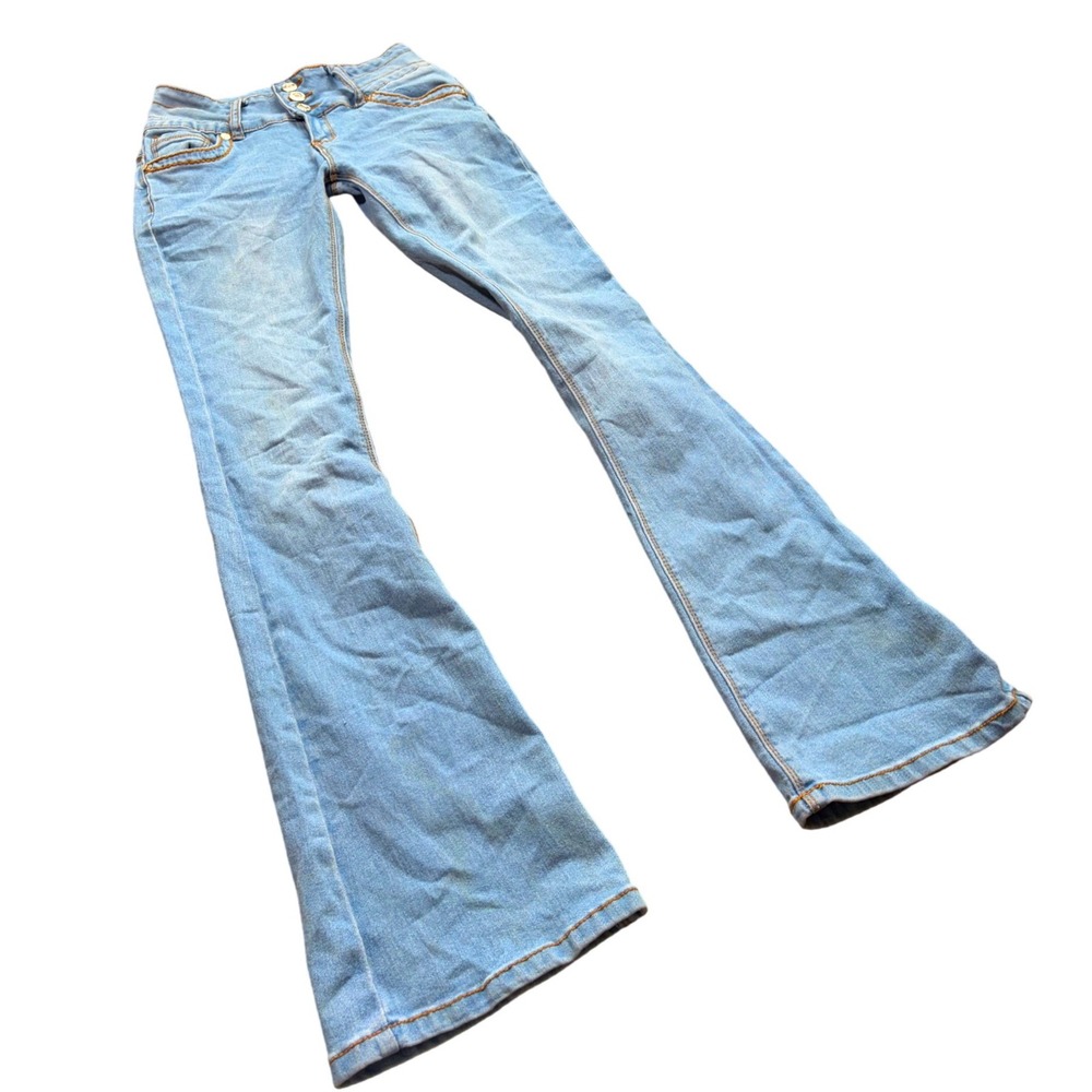 Womens‎ Light Wash Flare Jeans High Rise Triple Button Contrast Stitch Y2K